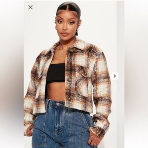 Fashion Nova Plaid Teddy Jacket in Brown and Cream
